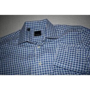 David Donahue Dress Shirt Men Size Large 16 32/33 Blue Plaid Cotton French Cuffs